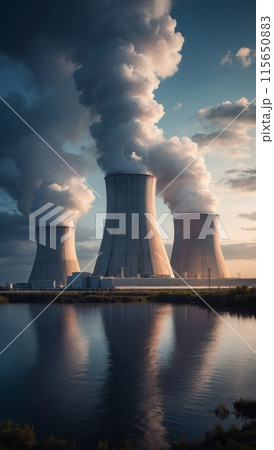 Rendering of a nuclear power plant with floating turbines and air coolers 115650883
