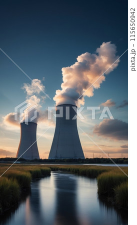 Rendering of a nuclear power plant with floating turbines and air coolers 115650942