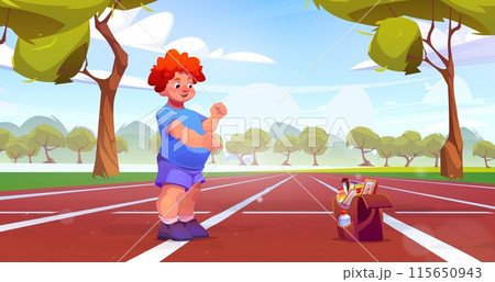 Fat boy on run track eat junk food cartoon vector 115650943