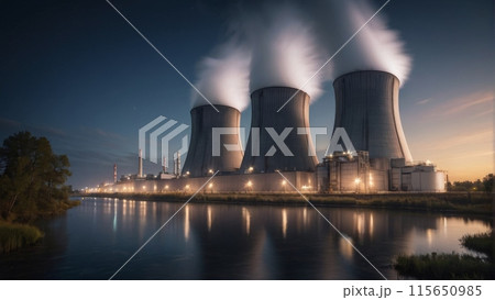 Rendering of a nuclear power plant with floating turbines and air coolers 115650985
