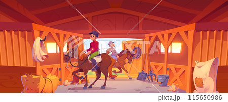 Horseback riders on horse in stable 115650986