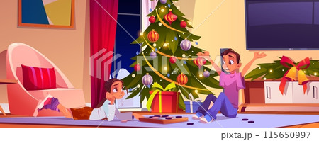 Family celebrate Christmas with gift box in room 115650997