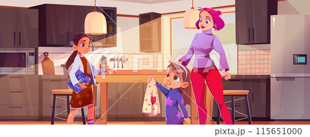 Mother with children in home kitchen interior 115651000