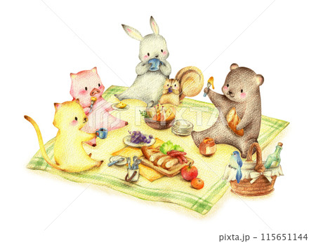 ピクニックでお弁当を食べる動物たち　影あり　手描き色鉛筆画 115651144