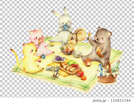 ピクニックでお弁当を食べる動物たち　影あり　手描き色鉛筆画 115651144