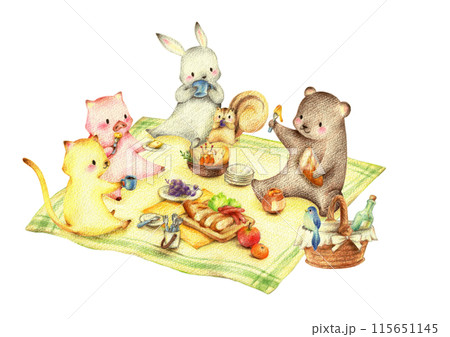 ピクニックでお弁当を食べる動物たち 手描き色鉛筆画 ピクニックでお弁当を食べる動物たち 手描き色鉛筆画 115651145