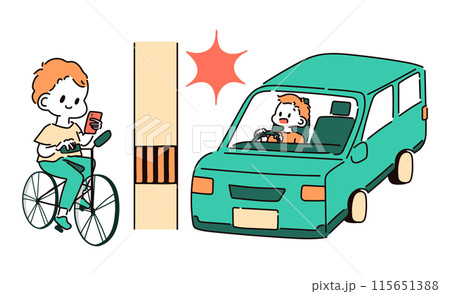 スマホ運転の自転車と、自動車の事故のイラスト スマホ運転の自転車と、自動車の事故のイラスト 115651388