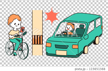 スマホ運転の自転車と、自動車の事故のイラスト スマホ運転の自転車と、自動車の事故のイラスト 115651388