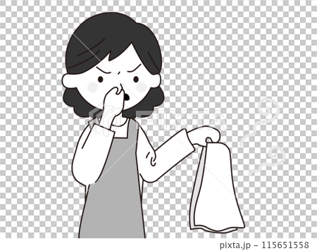 ニオイのある洗濯物に嫌な顔をする女性のイラスト、モノクロ ニオイのある洗濯物に嫌な顔をする女性のイラスト、モノクロ 115651558