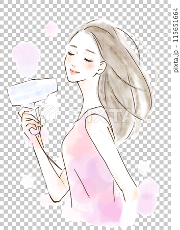 一個美麗的女人用吹風機吹乾頭髮的插圖 一個美麗的女人用吹風機吹乾頭髮的插圖 115651664