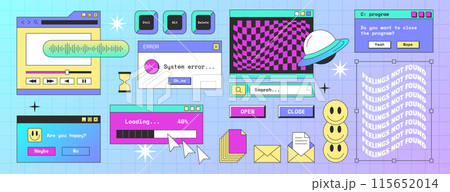 Retro computer screen interface with windows, folder, popup notification, browser and message frames 115652014