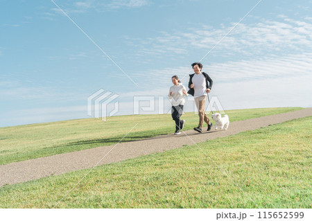 公園で犬の散歩をする家族・夫婦・カップル・男女（走る・ジョギング・ランニング） 115652599