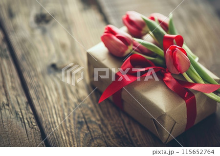 Gift with bow and tulips. Happy Valentines day and love decoration concept. Gift with bow and tulips. Happy Valentines day and love decoration concept. 115652764