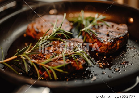 Juicy steak in a pan with a branch of rosemary. Cooking steak. 115652777