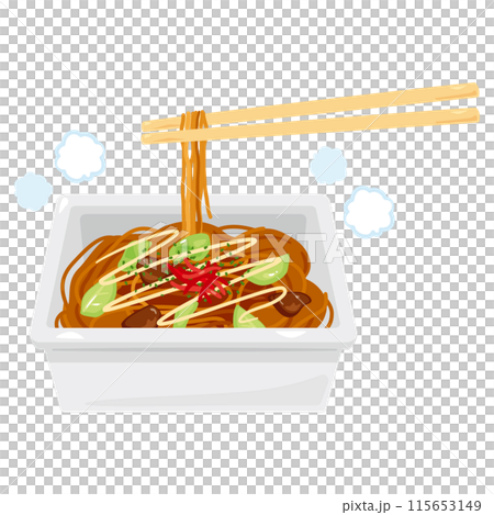 麺を持ち上げられたカップ焼きそば 115653149