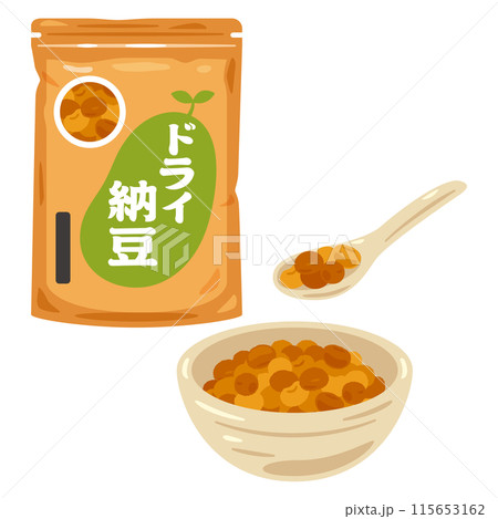皿に盛られたドライ納豆と袋入りのドライ納豆 115653162