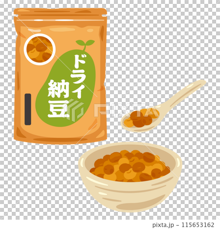 皿に盛られたドライ納豆と袋入りのドライ納豆 115653162