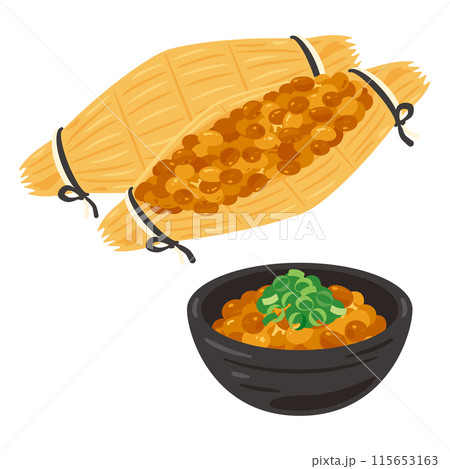 藁納豆と皿に盛られた納豆 115653163