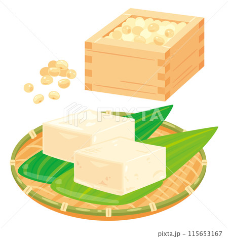 升に入った大豆と皿に盛られた豆腐 115653167
