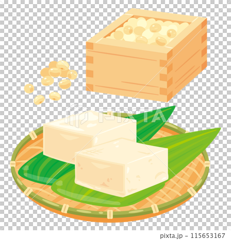 升に入った大豆と皿に盛られた豆腐 115653167