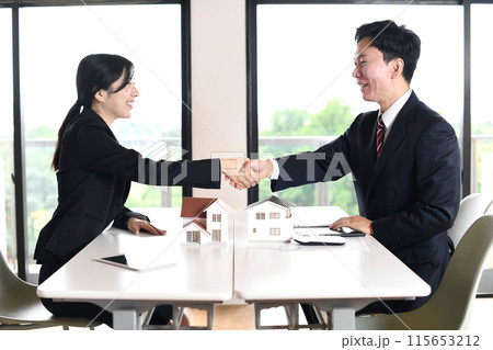 建築模型の前で握手する男女のビジネスマン 建築模型の前で握手する男女のビジネスマン 115653212