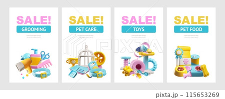 Pet shop advertising web banner cute 3D vector posters set, Sale pet toys, grooming accessories, care supplies and food 115653269