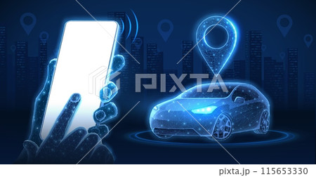 Phone in hands with blank screen and digital car. Parking application, Car sharing, Uber service 115653330