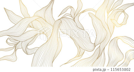 Vector gold leaf pattern. Floral luxury wallpaper, art deco botanical illustration. Palm tropical decoration, premium exotic line banner, japanese elegant border 115653802
