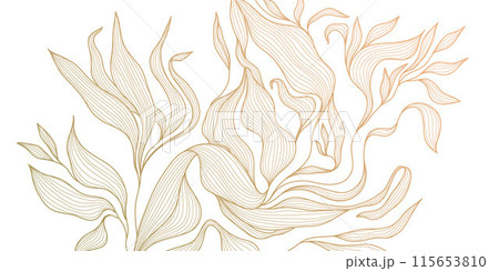 Vector gold leaf pattern. Floral luxury wallpaper, art deco botanical illustration. Palm tropical decoration, premium exotic line banner, japanese elegant border 115653810