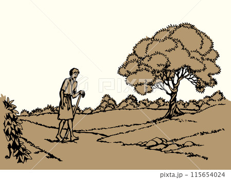 Vector drawing. Poor man going by the road 115654024
