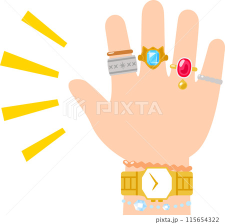 指輪や腕輪を大量に着けた手 115654322