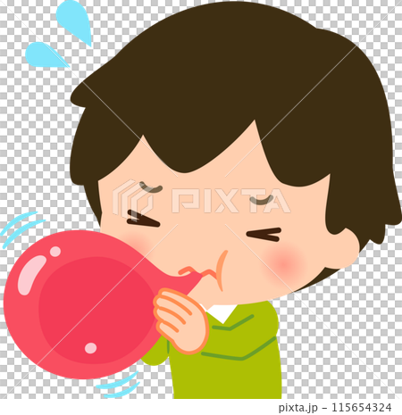 一個男孩努力為氣球充氣 115654324