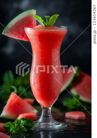 Watermelon cocktail in a tall glass, elegantly garnished with a slice and mint 115654367