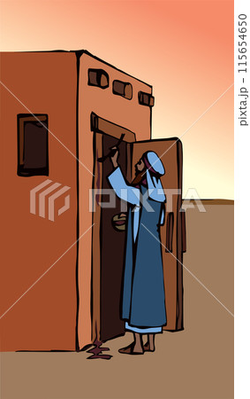 Vector drawing. The family fulfills God's command. Anoints the doorposts with the blood of the lamb 115654650