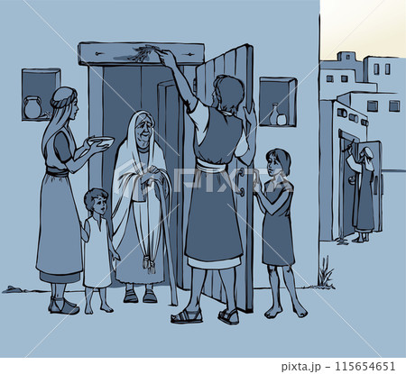 Vector drawing. The family fulfills God's command. Anoints the doorposts with the blood of the lamb 115654651