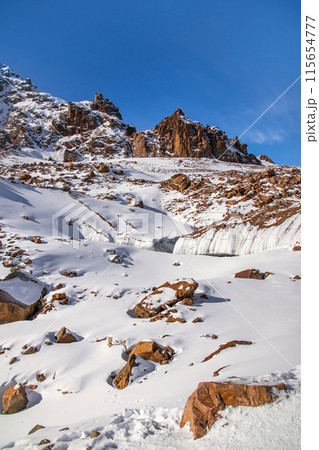 Picturesque mountain views of Central Asia. Tour to the Tian Shan Mountains, in the Almaty Mountains of Kazakhstan. 115654777
