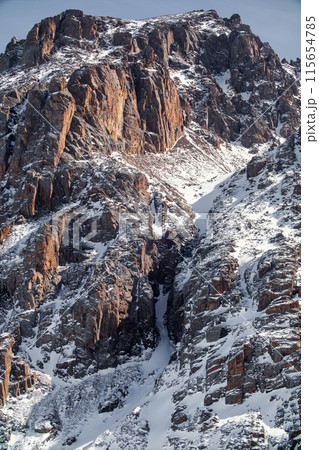 Scenic vertical background of reddish rock in the mountains of Central Asia Tien Shan range in Kazakhstan near Almaty. 115654785