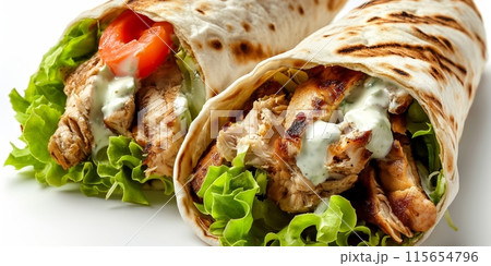 Two grilled chicken wraps with lettuce, tomato, and creamy sauce Two grilled chicken wraps with lettuce, tomato, and creamy sauce 115654796