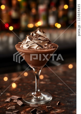Decadent chocolate dessert cocktail served in a martini glass topped with a lush whipped cream swirl 115654835