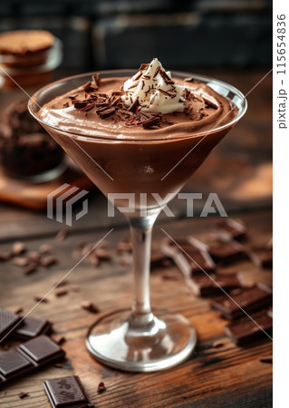 Classic chocolate martini with whipped cream and fine chocolate shavings on a wooden backdrop 115654836