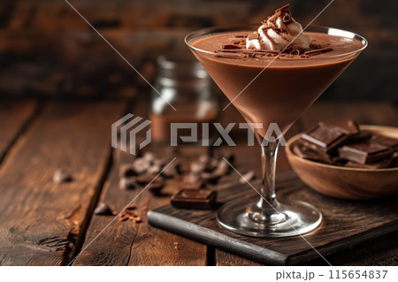Decadent chocolate martini garnished with whipped cream, perfect for a luxurious dessert experience 115654837