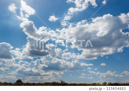 A natural landscape with azure sky, fluffy cumulus clouds, and the sun shining through, creating a picturesque scene over the grassy meadow and horizon. A natural landscape with azure sky, fluffy cumulus clouds, and the sun shining through, creating a picturesque scene over the grassy meadow and horizon. 115654883