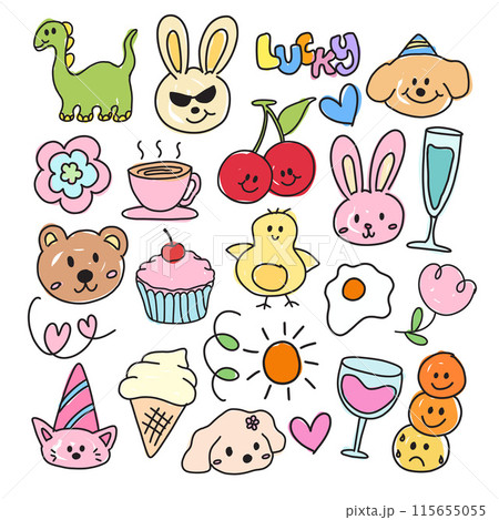 Kid drawing and kid colouring style of dinosaur, bunny, bear, cupcake, cherry, flowers, coffee, fried egg, ice cream cone for animal print, zoo, easter, food, sweet dessert, cartoon, kids toy, comic 115655055