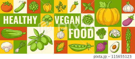 Healthy vegan food. Vector geometric modern horizontal banner, eco veggies icons. Fresh farm natural vegetables. Minimal abstract layout for poster, menu, flyer, cover, farmers market, brochure Healthy vegan food. Vector geometric modern horizontal banner, eco veggies icons. Fresh farm natural vegetables. Minimal abstract layout for poster, menu, flyer, cover, farmers market, brochure 115655123
