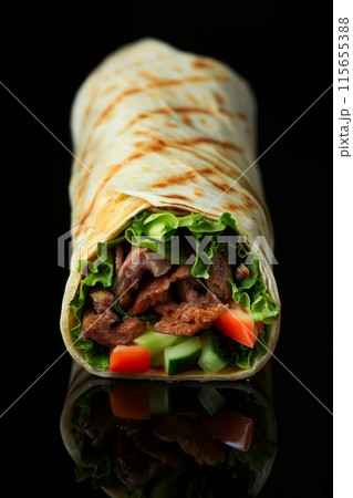 Beef shawarma wrap featuring tender meat and fresh greens with a garlic sauce 115655388