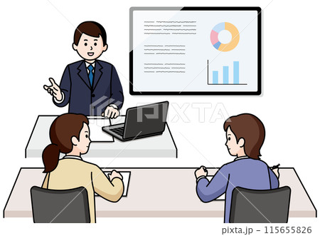 オリエンテーション　男性の進行係と女性の参加者 115655826