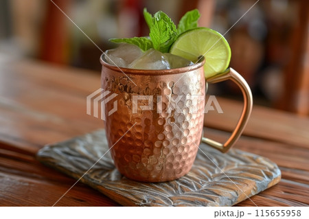 Copper mug on a rustic coaster, filled with a lime and mint cocktail, ideal for summer refreshment 115655958