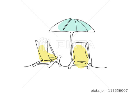 Beach umbrella, beach chair hand drawn. Single line drawing of summer design. Beach umbrella, beach chair hand drawn. Single line drawing of summer design. 115656007