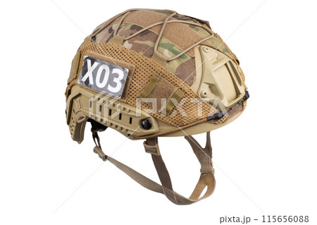 Camouflaged military helmet. 115656088