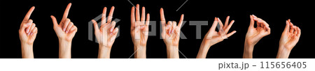 Set of woman hands showing different gestures, pointing and showing signs 115656405